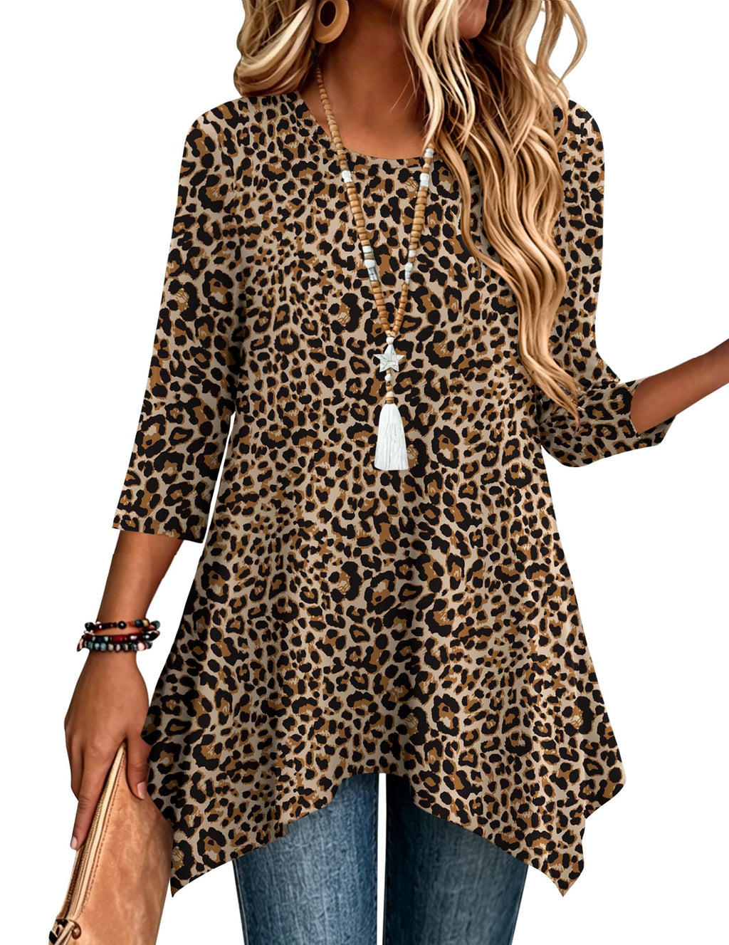 Zeagoo Womens Tops 3/4 Sleeve Loose Fit Dressy Tunics Plus Size Boho Shirts