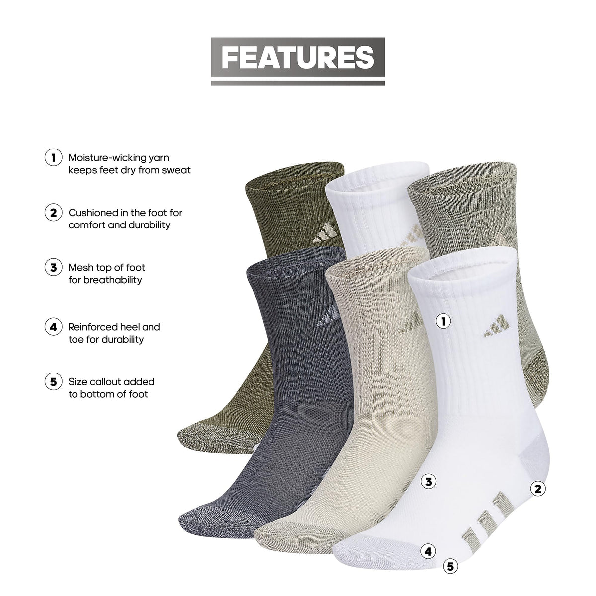 adidas Kids Athletic Cushioned Crew Socks 6 Pairs