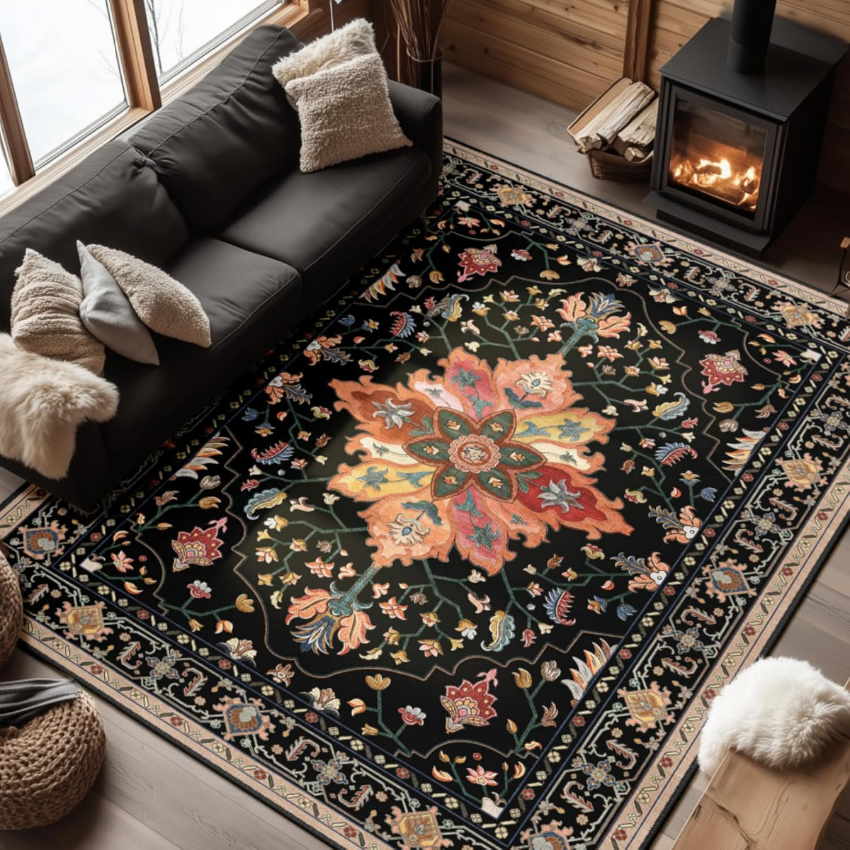 RELEANY Washable Area Rug, Round 10ft, Beige/Blue/Orange