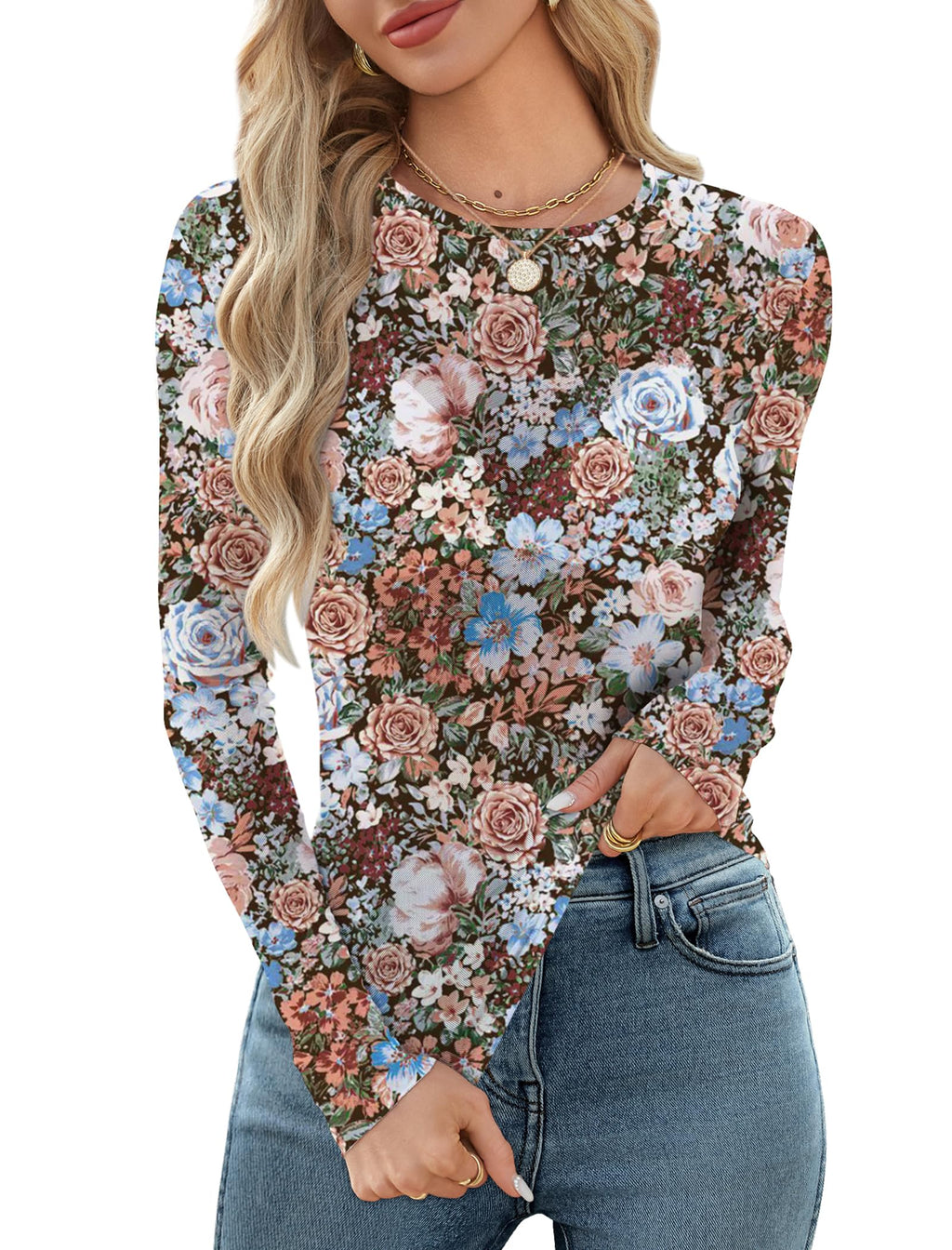 OFEEFAN Womens Mesh Tops Lace Long Sleeve Shirts Crewneck Slim Fitted Outfits See Through Blouses