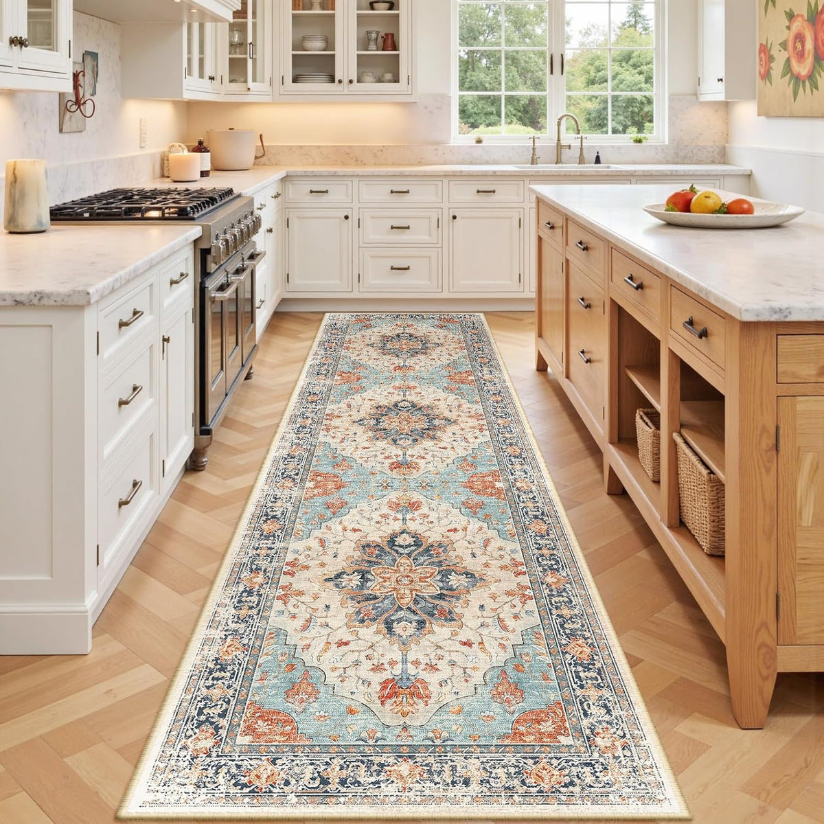 RELEANY Washable Area Rug, Round 10ft, Beige/Blue/Orange