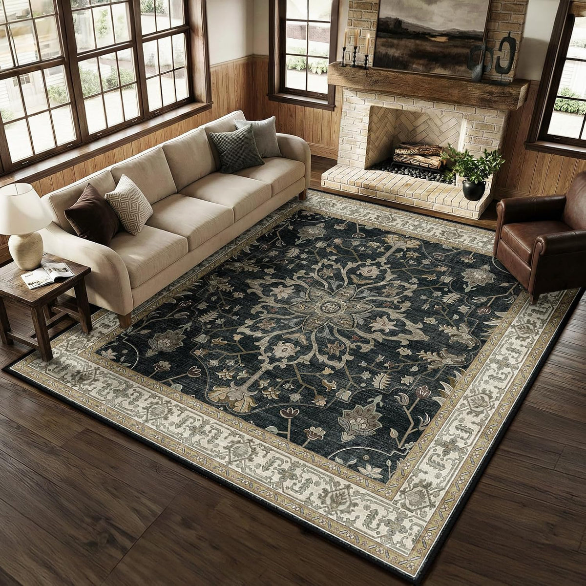 RELEANY Washable Area Rug, Round 10ft, Beige/Blue/Orange