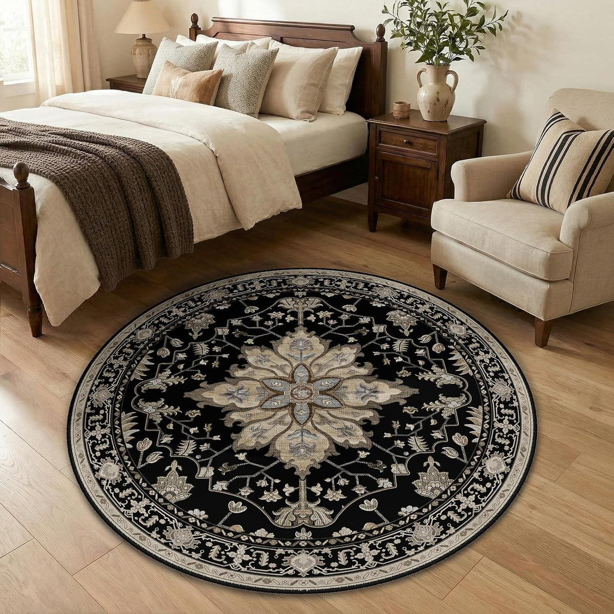 RELEANY Washable Area Rug, Round 10ft, Beige/Blue/Orange