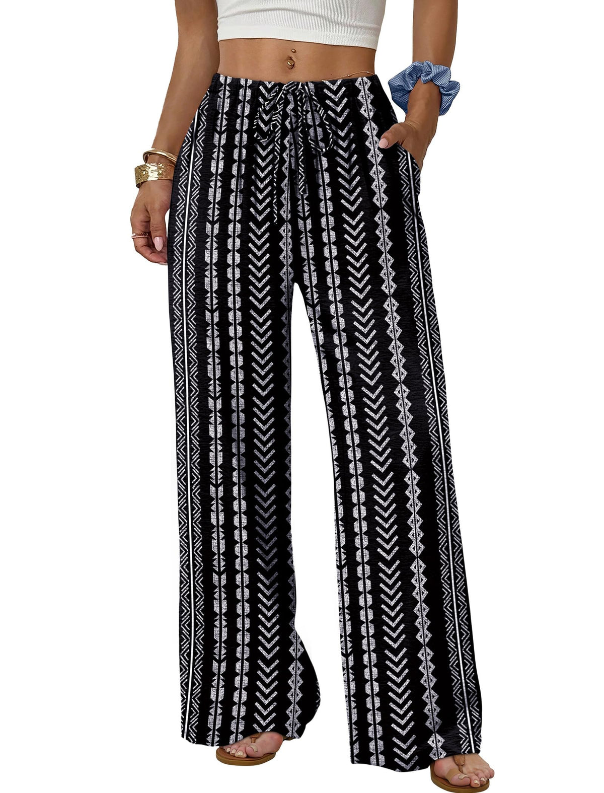 Sampeel Wide Leg Pants for Women Flowy Palazzo Drawstring Elastic Waist Trousers with Pockets Summer Beach Vacation Clothes
