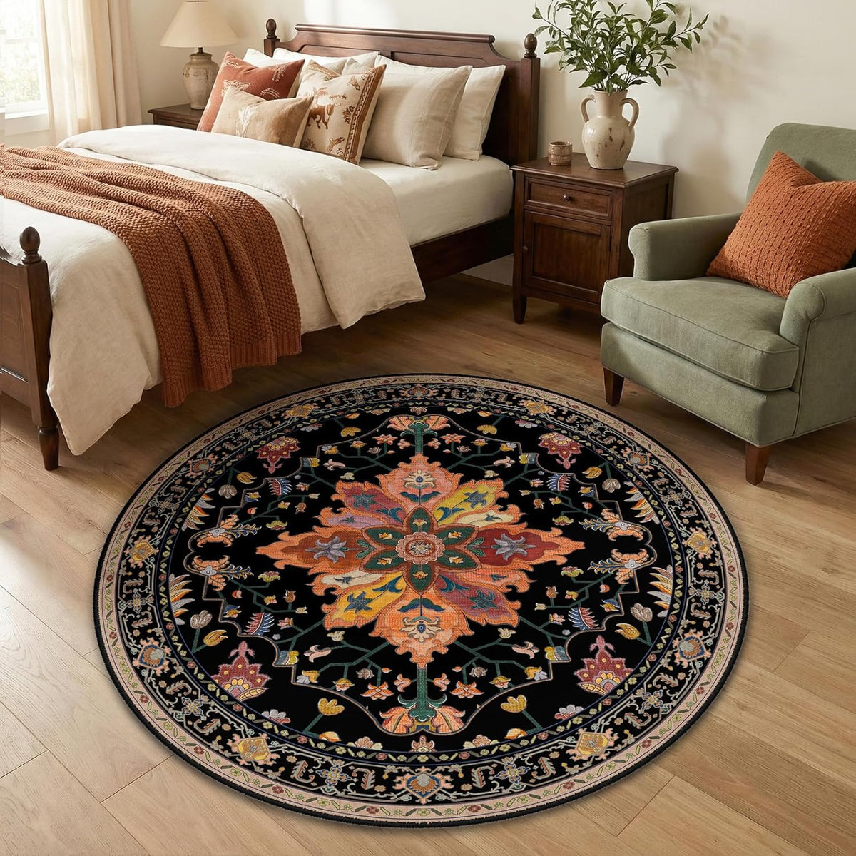 RELEANY Washable Area Rug, Round 10ft, Beige/Blue/Orange