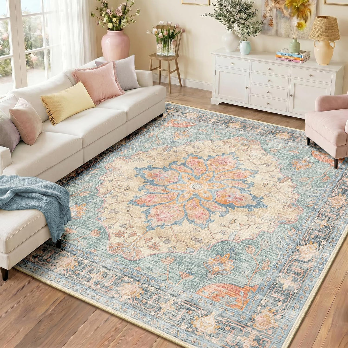 RELEANY Washable Area Rug, Round 10ft, Beige/Blue/Orange