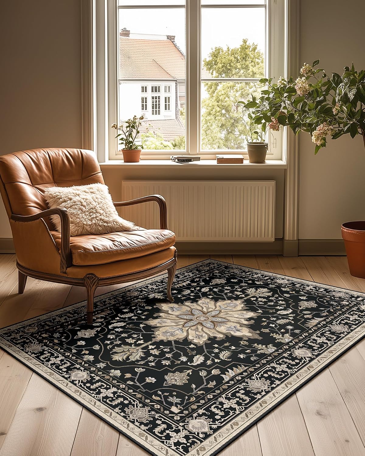 RELEANY Washable Area Rug, Round 10ft, Beige/Blue/Orange