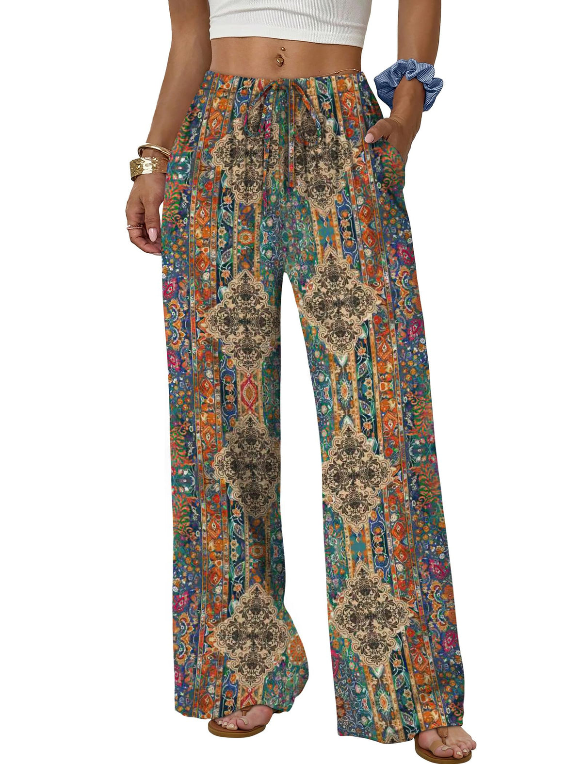 Sampeel Wide Leg Pants for Women Flowy Palazzo Drawstring Elastic Waist Trousers with Pockets Summer Beach Vacation Clothes