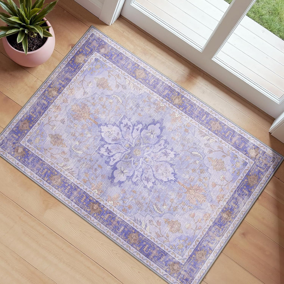 RELEANY Washable Area Rug, Round 10ft, Beige/Blue/Orange