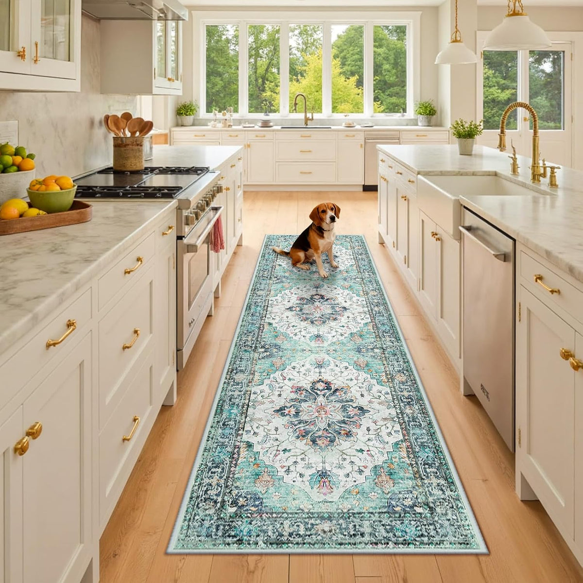 RELEANY Washable Area Rug, Round 10ft, Beige/Blue/Orange