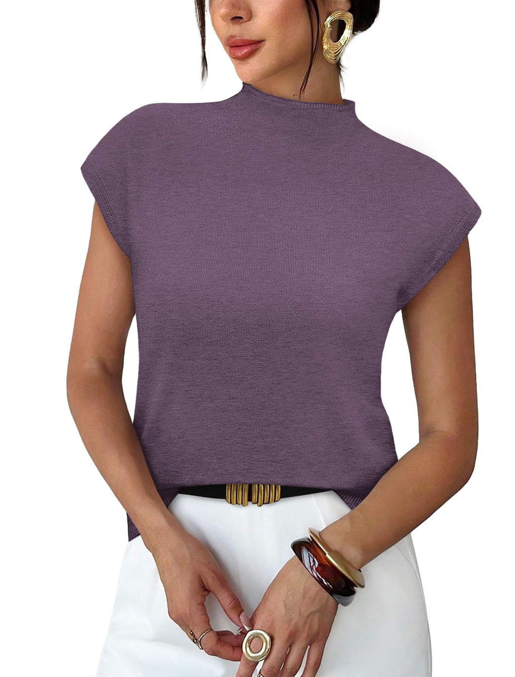 Sampeel Womens Short Sleeve Sweater Mock Neck Summer Top Dressy Casual Basic Knit Pullover Shirt