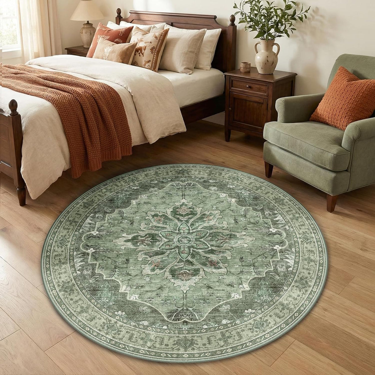 RELEANY Washable Area Rug, Round 10ft, Beige/Blue/Orange
