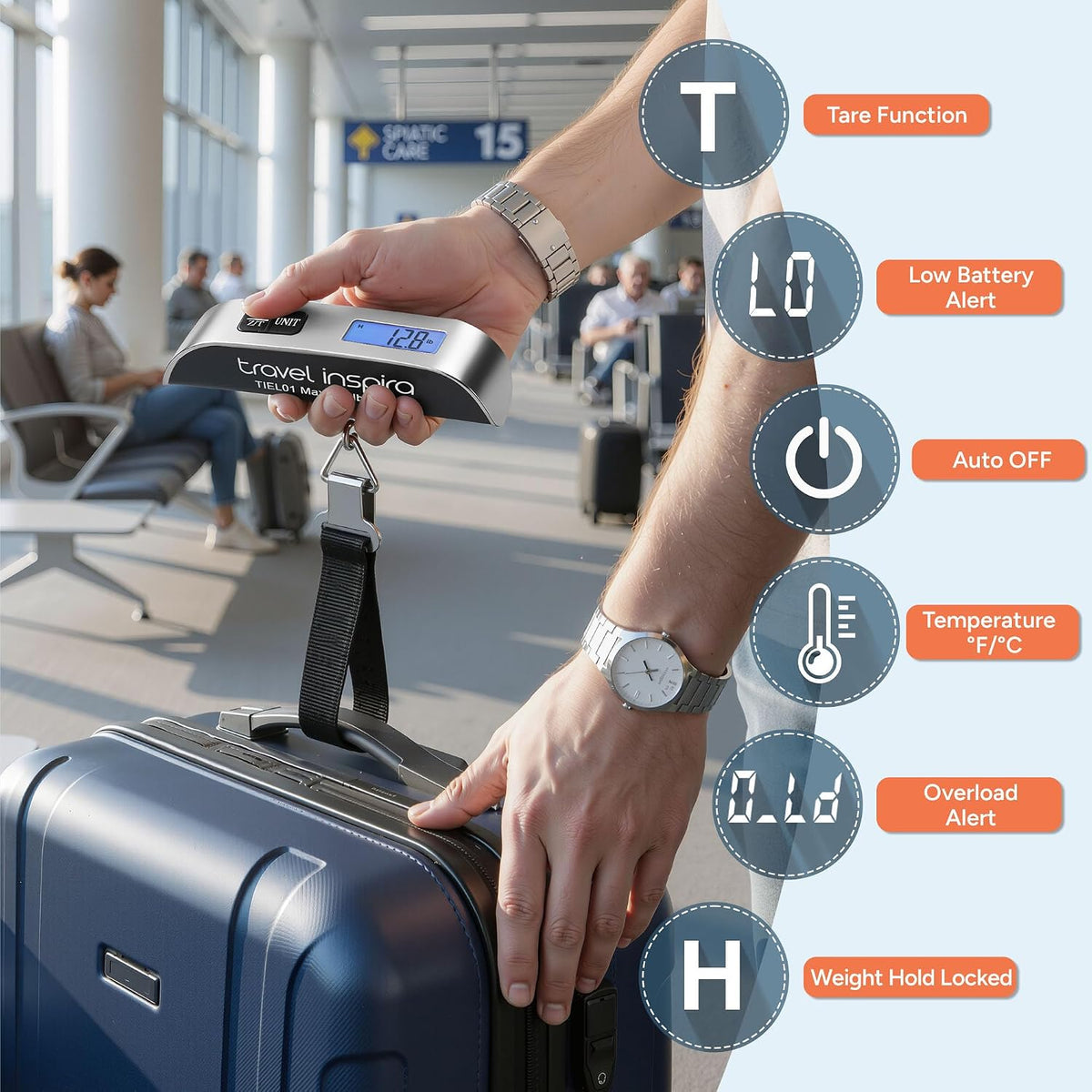 travel inspira Digital Luggage Scale – Portable Hanging Suitcase Weight Scale for Travel, 110 lb Capacity, Backlit LCD Display, Prevents Airport Overweight Fees, Battery Included