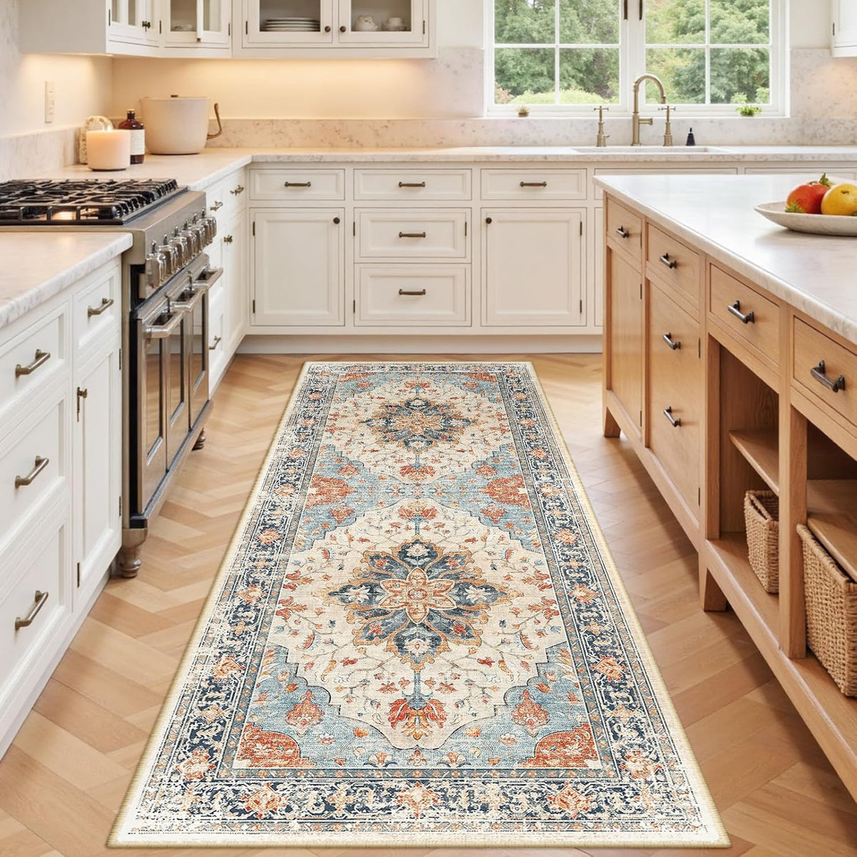 RELEANY Washable Area Rug, Round 10ft, Beige/Blue/Orange