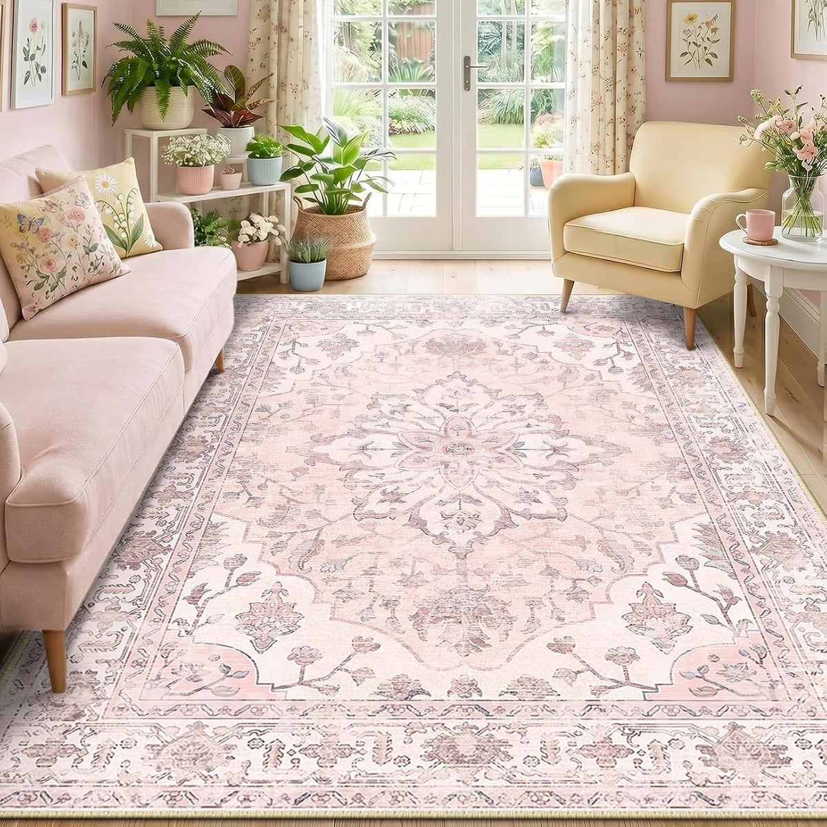 RELEANY Washable Area Rug, Round 10ft, Beige/Blue/Orange