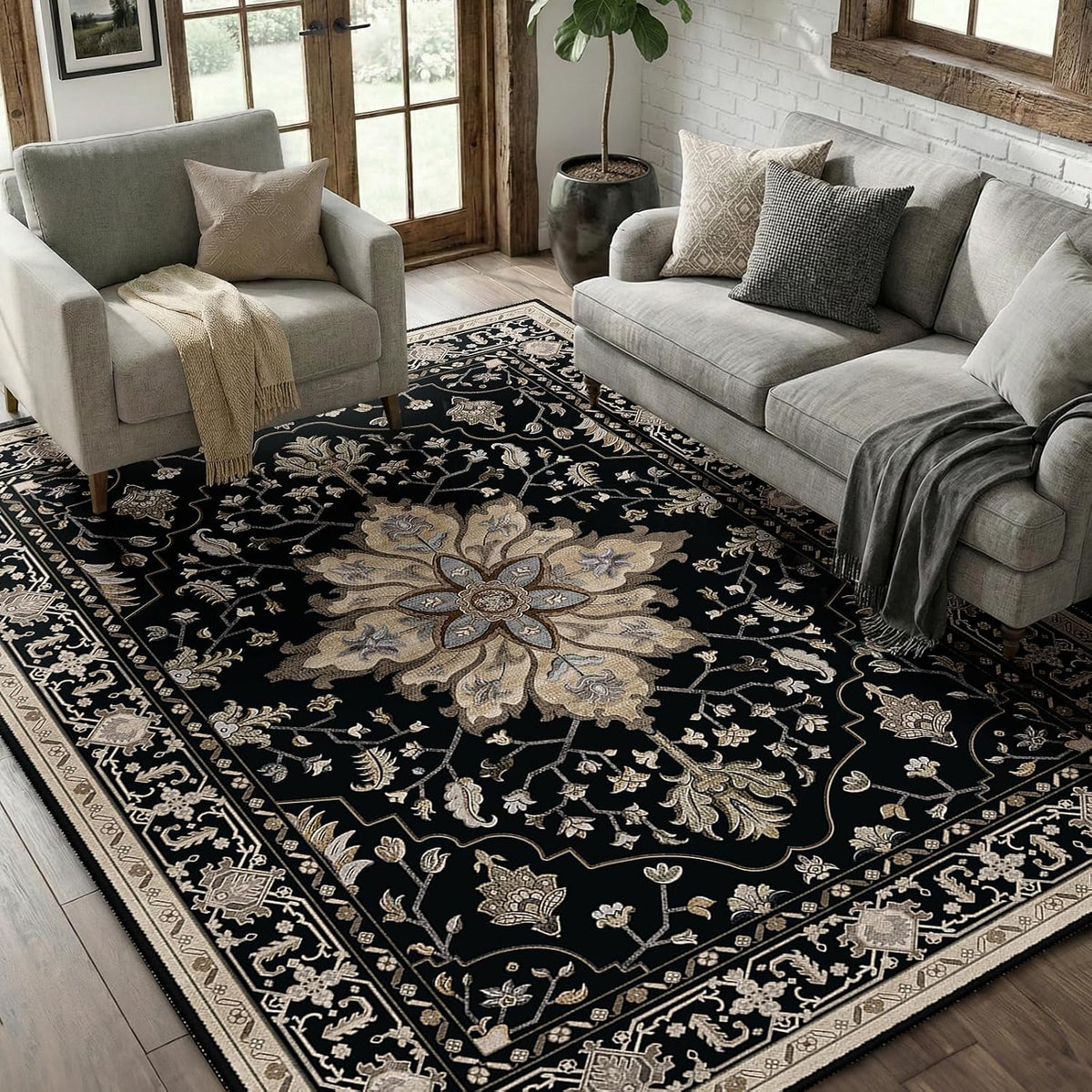 RELEANY Washable Area Rug, Round 10ft, Beige/Blue/Orange