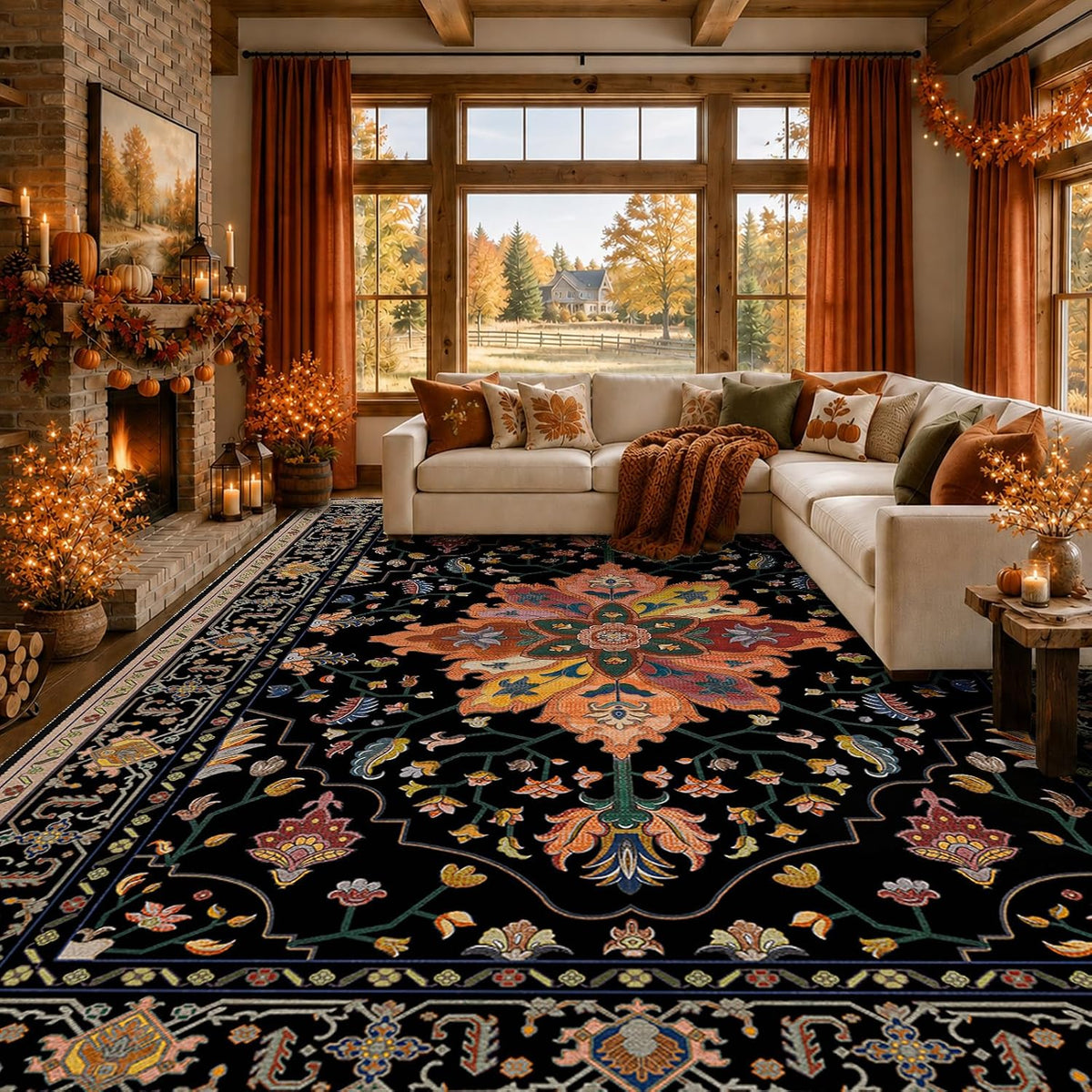 RELEANY Washable Area Rug, Round 10ft, Beige/Blue/Orange
