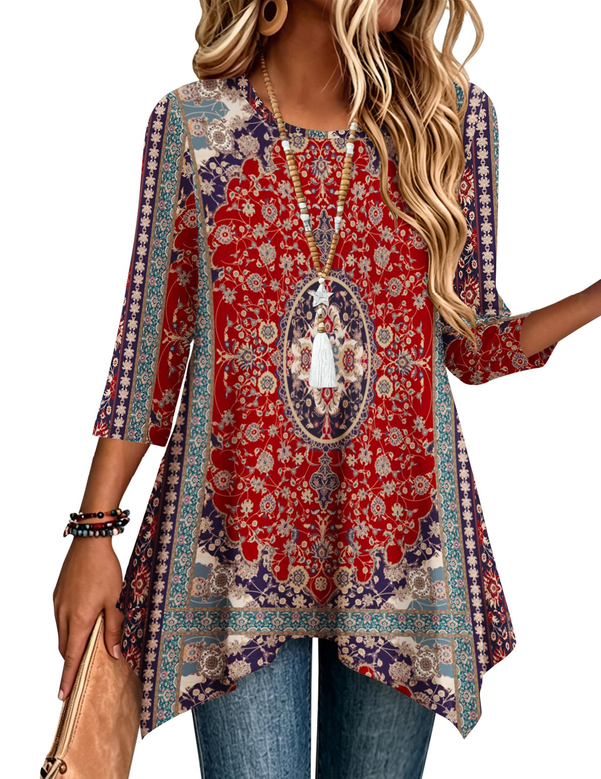 Zeagoo Womens Tops 3/4 Sleeve Loose Fit Dressy Tunics Plus Size Boho Shirts