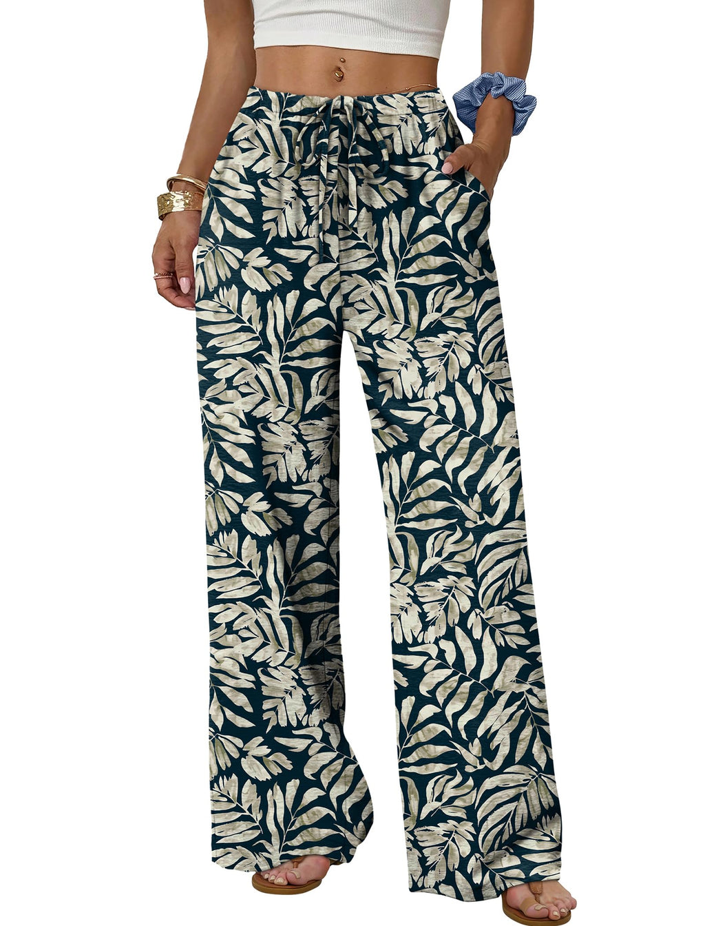 Sampeel Wide Leg Pants for Women Flowy Palazzo Drawstring Elastic Waist Trousers with Pockets Summer Beach Vacation Clothes