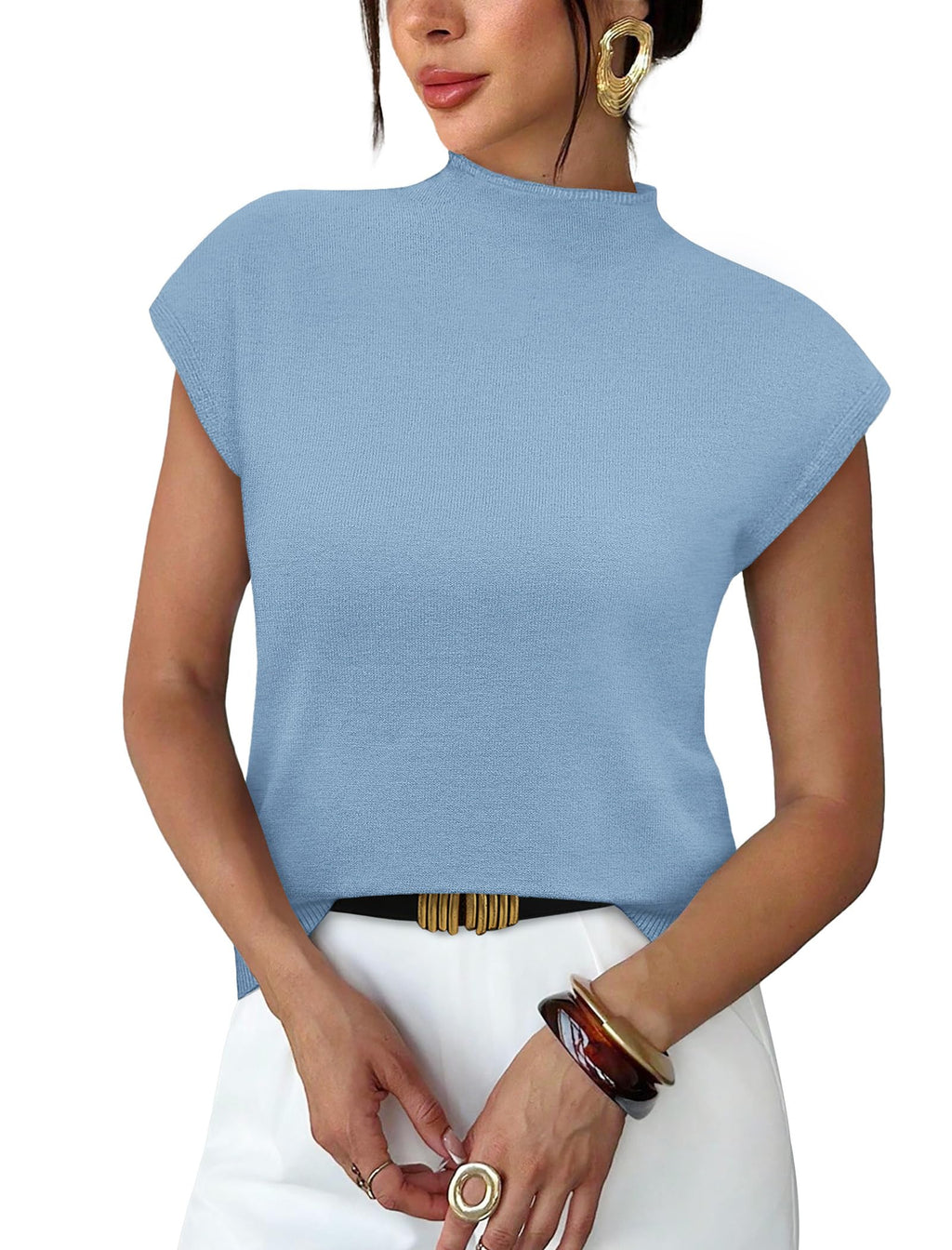 Sampeel Womens Short Sleeve Sweater Mock Neck Summer Top Dressy Casual Basic Knit Pullover Shirt