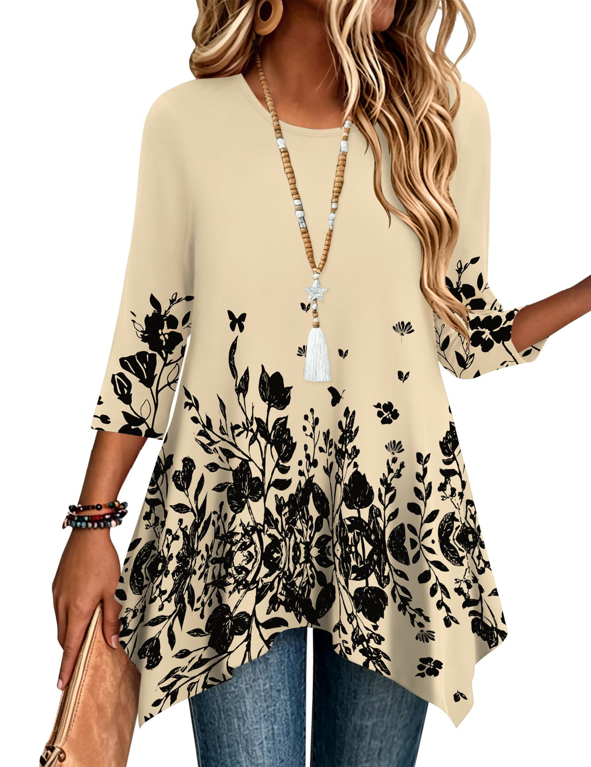 Zeagoo Womens Tops 3/4 Sleeve Loose Fit Dressy Tunics Plus Size Boho Shirts