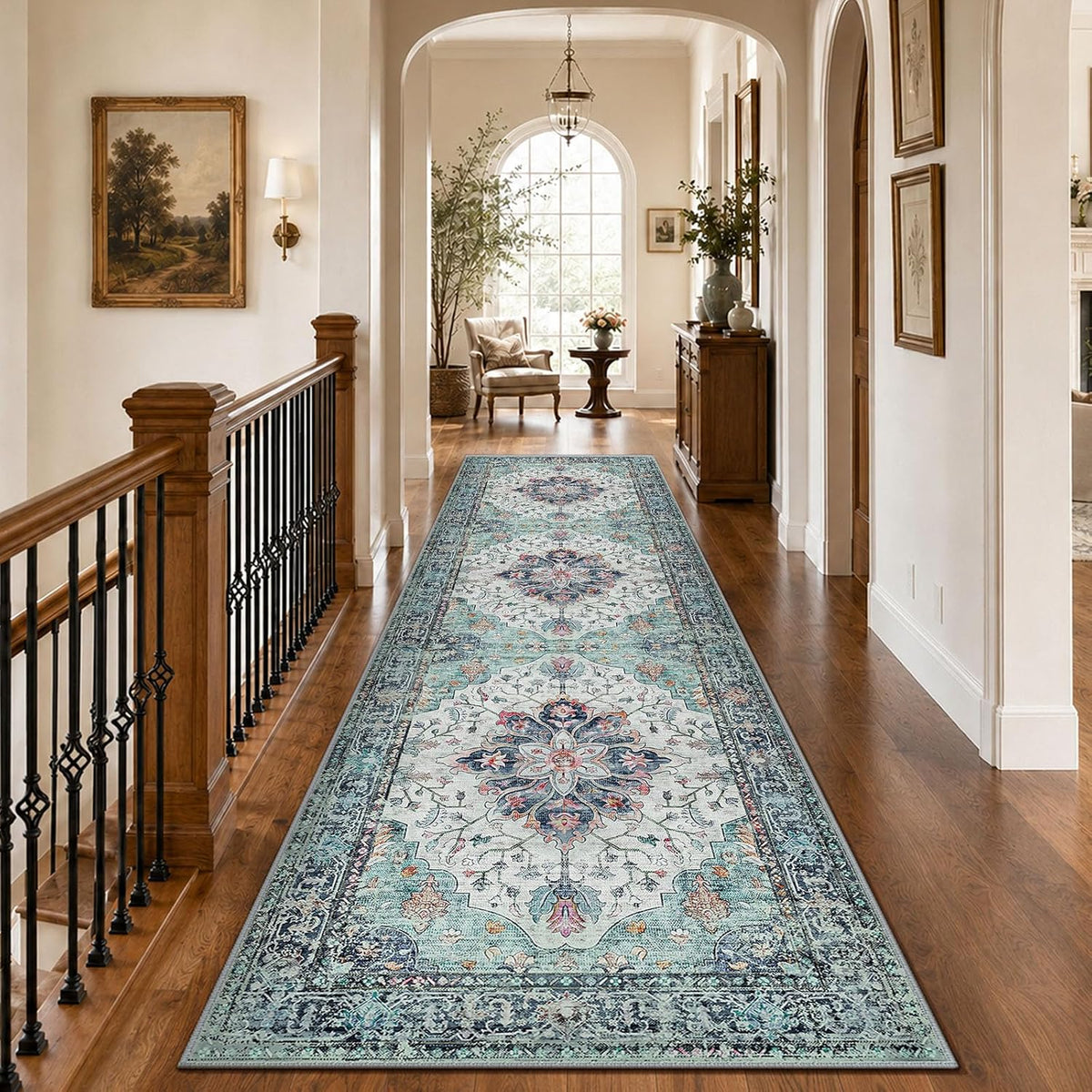 RELEANY Washable Area Rug, Round 10ft, Beige/Blue/Orange