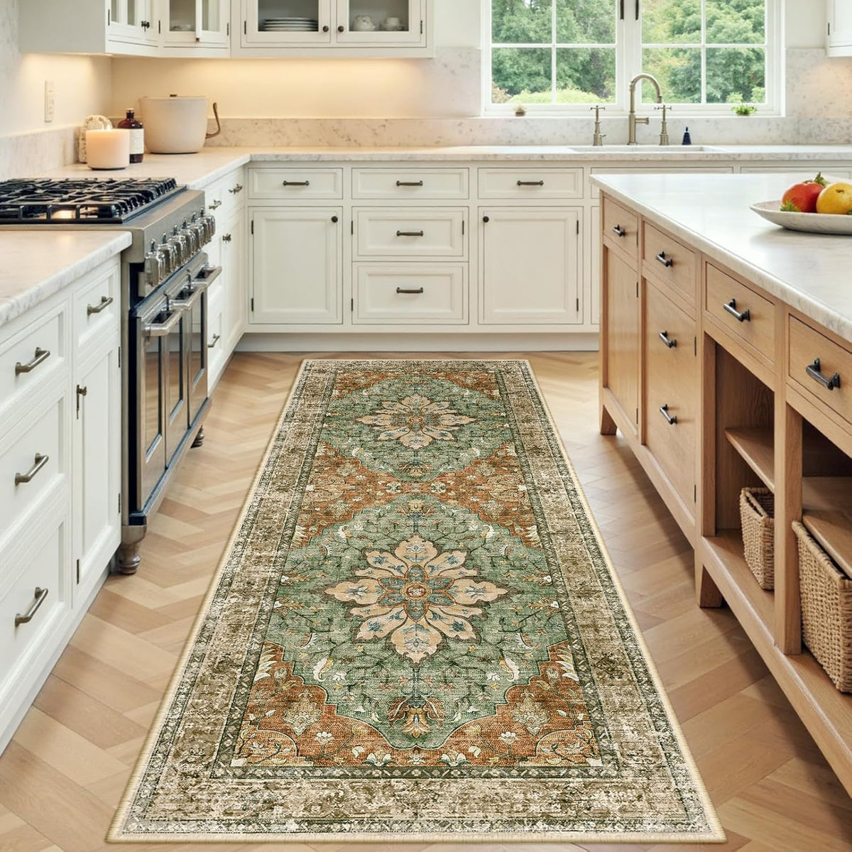 RELEANY Washable Area Rug, Round 10ft, Beige/Blue/Orange