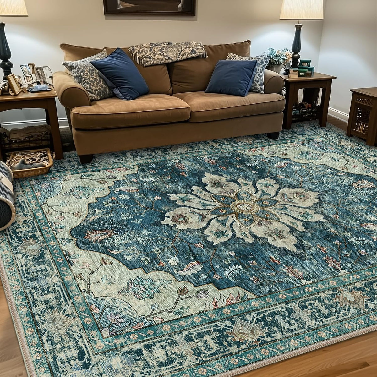 RELEANY Washable Area Rug, Round 10ft, Beige/Blue/Orange