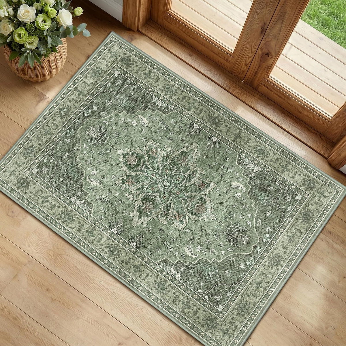 RELEANY Washable Area Rug, Round 10ft, Beige/Blue/Orange