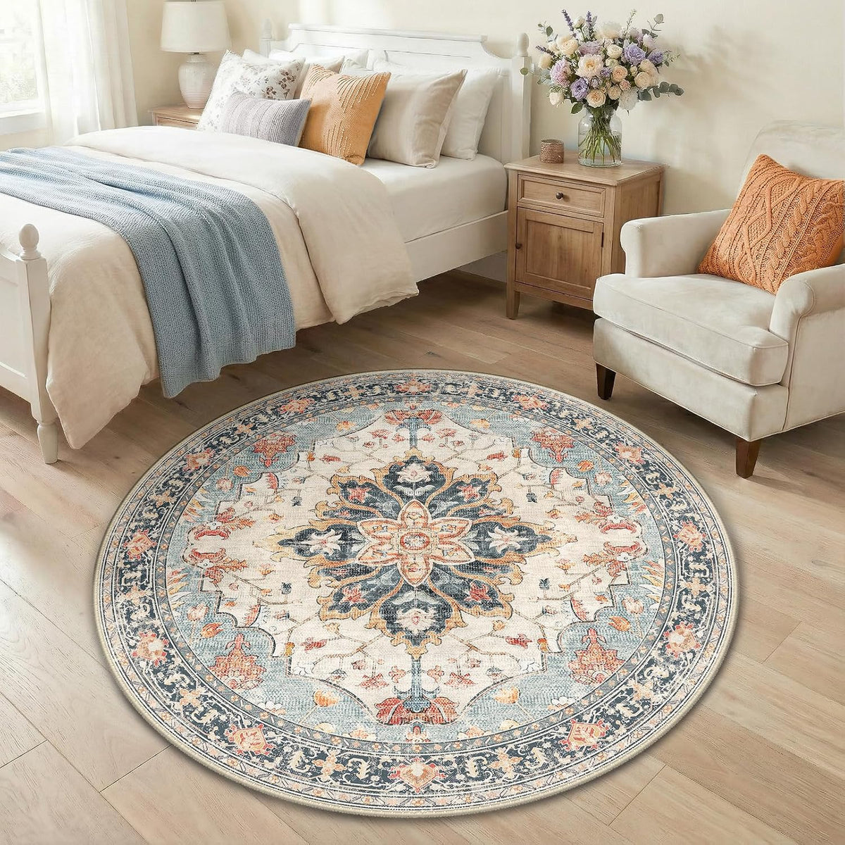 RELEANY Washable Area Rug, Round 10ft, Beige/Blue/Orange