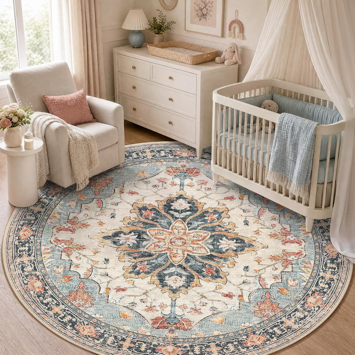 RELEANY Washable Area Rug, Round 10ft, Beige/Blue/Orange