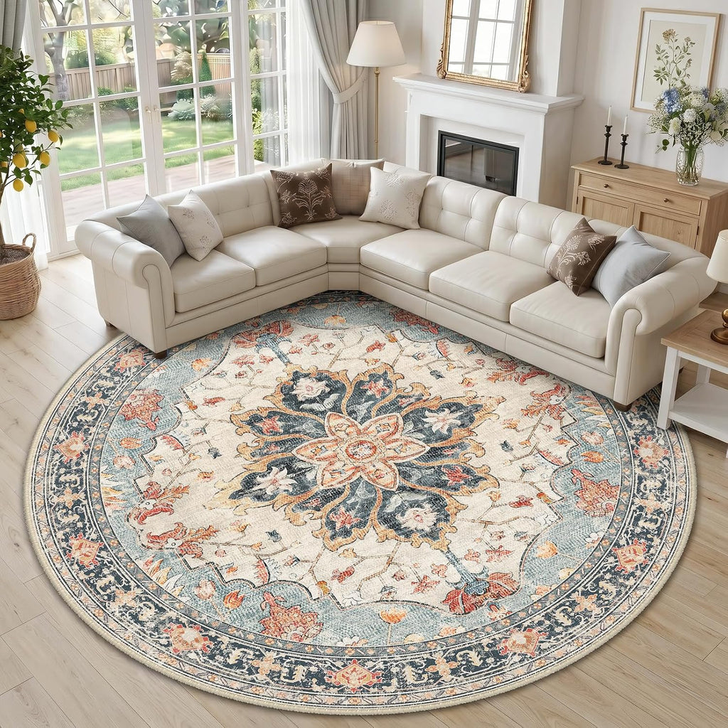 RELEANY Washable Area Rug, Round 10ft, Beige/Blue/Orange