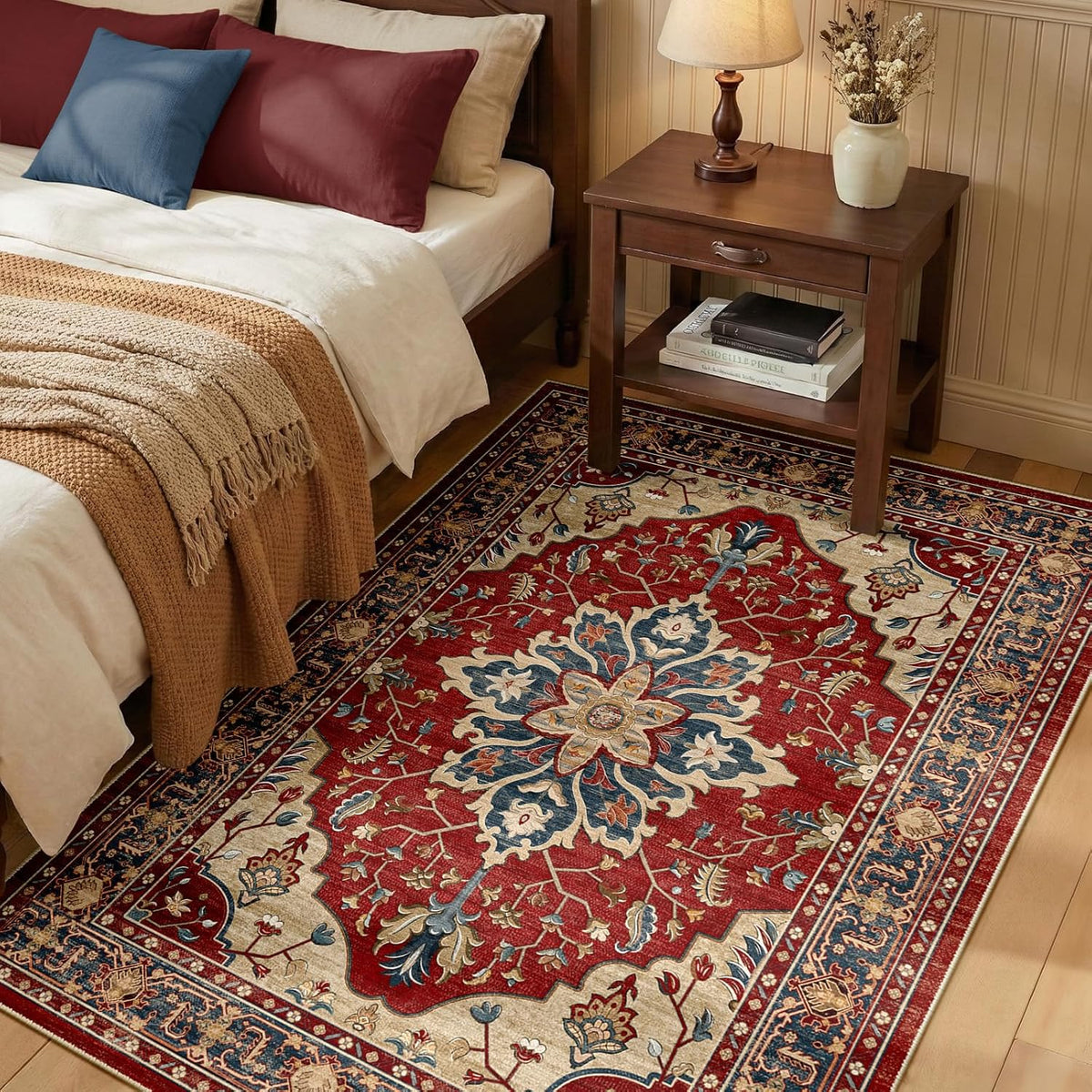 RELEANY Washable Area Rug, Round 10ft, Beige/Blue/Orange