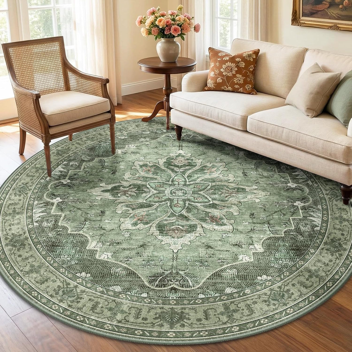 RELEANY Washable Area Rug, Round 10ft, Beige/Blue/Orange