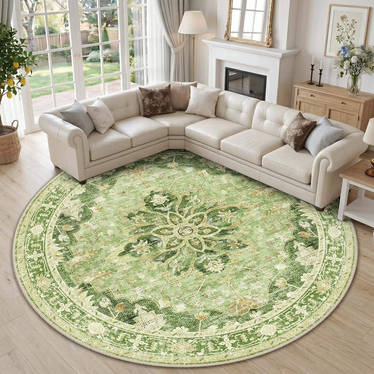 RELEANY Washable Area Rug, Round 10ft, Beige/Blue/Orange