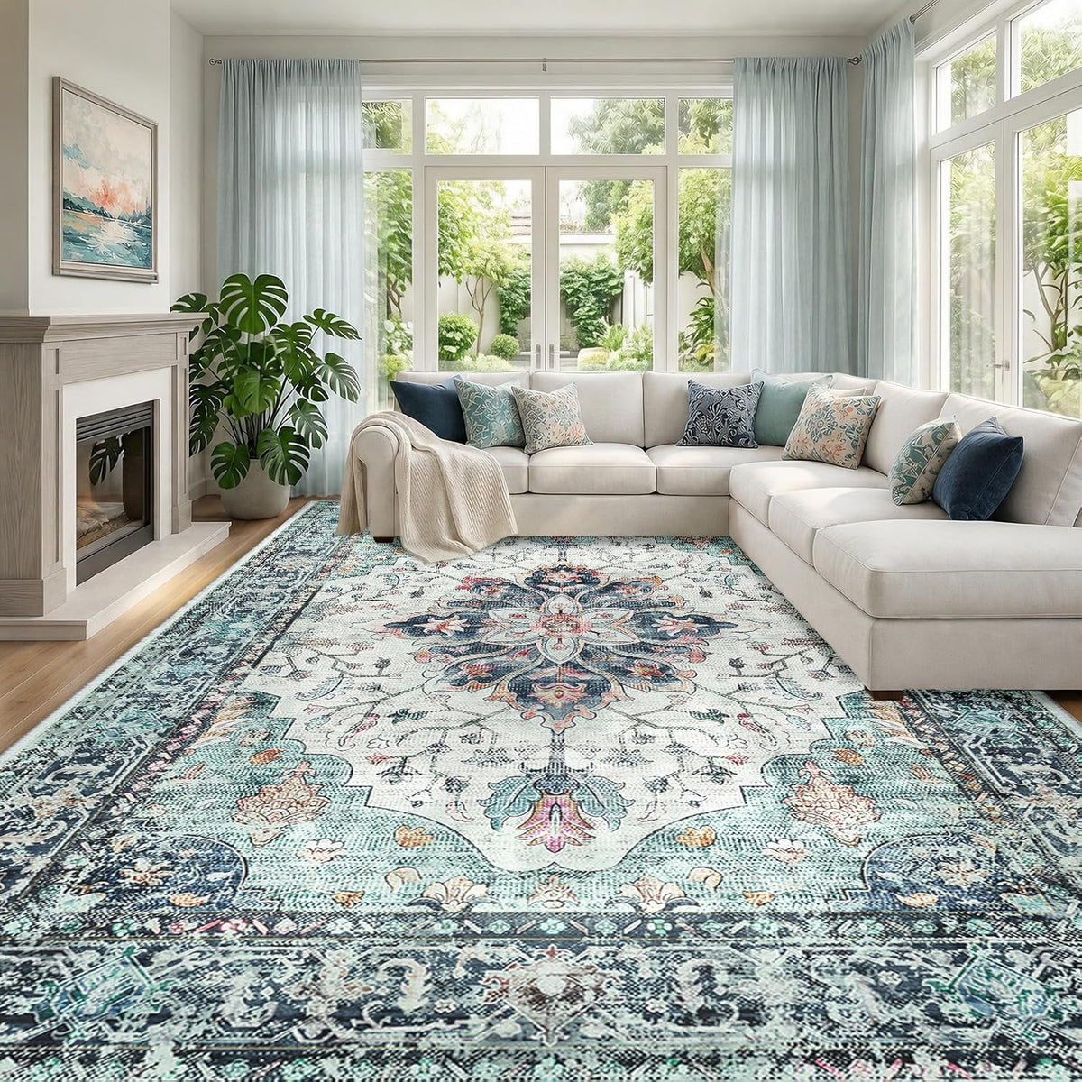 RELEANY Washable Area Rug, Round 10ft, Beige/Blue/Orange