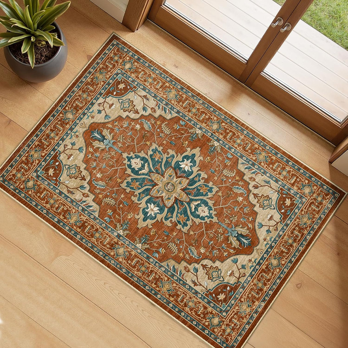 RELEANY Washable Area Rug, Round 10ft, Beige/Blue/Orange