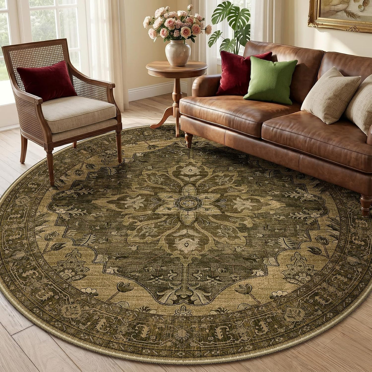 RELEANY Washable Area Rug, Round 10ft, Beige/Blue/Orange