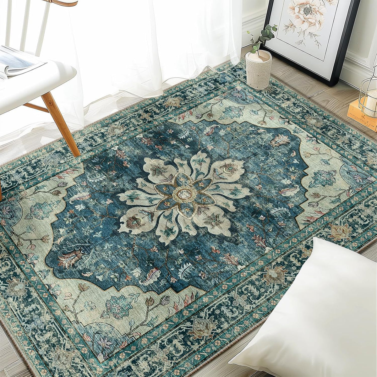 RELEANY Washable Area Rug, Round 10ft, Beige/Blue/Orange