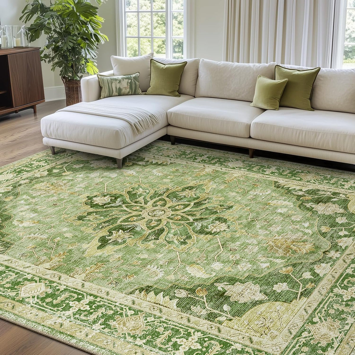 RELEANY Washable Area Rug, Round 10ft, Beige/Blue/Orange