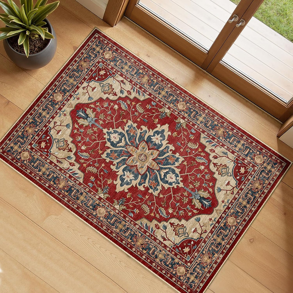 RELEANY Washable Area Rug, Round 10ft, Beige/Blue/Orange