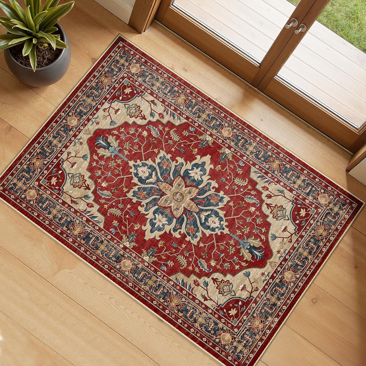 RELEANY Washable Area Rug, Round 10ft, Beige/Blue/Orange