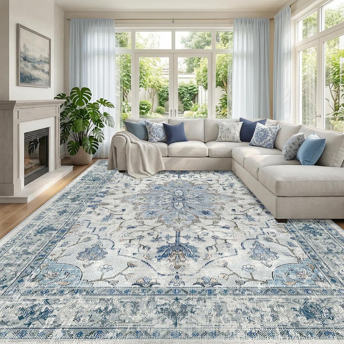 RELEANY Washable Area Rug, Round 10ft, Beige/Blue/Orange