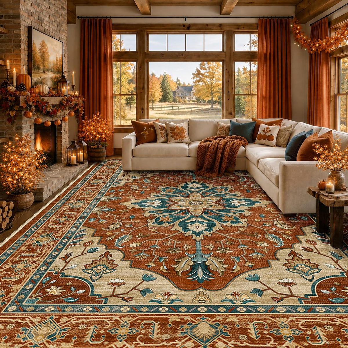 RELEANY Washable Area Rug, Round 10ft, Beige/Blue/Orange