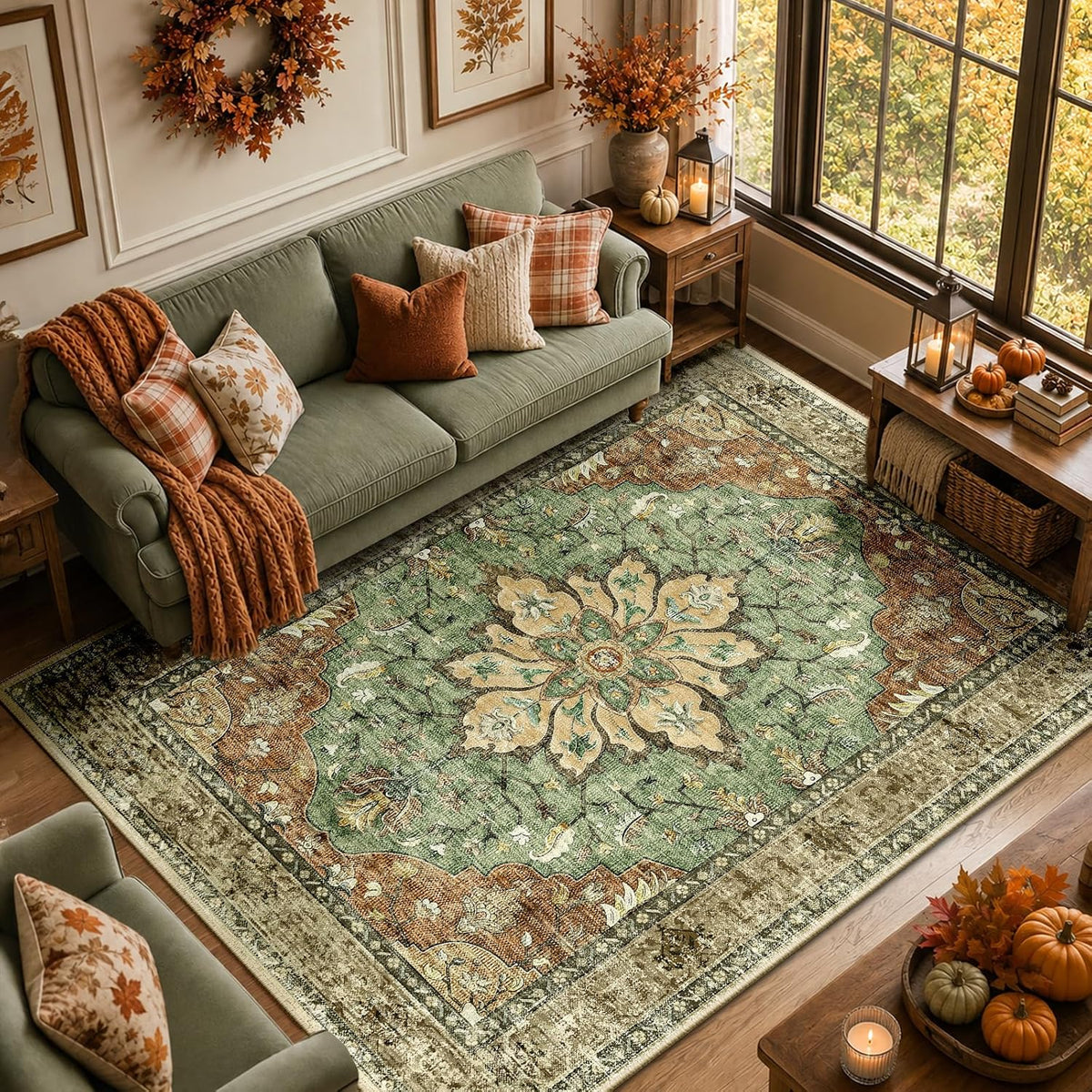 RELEANY Washable Area Rug, Round 10ft, Beige/Blue/Orange