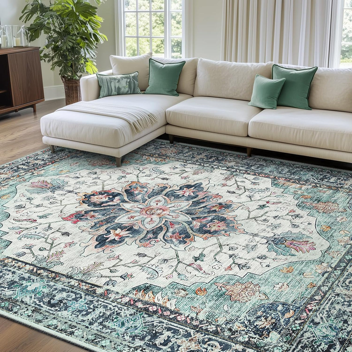 RELEANY Washable Area Rug, Round 10ft, Beige/Blue/Orange