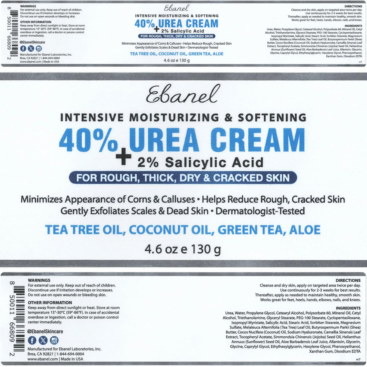 Ebanel Urea Cream 40% plus Salicylic Acid 2% for Dry Cracked Feet Skin
