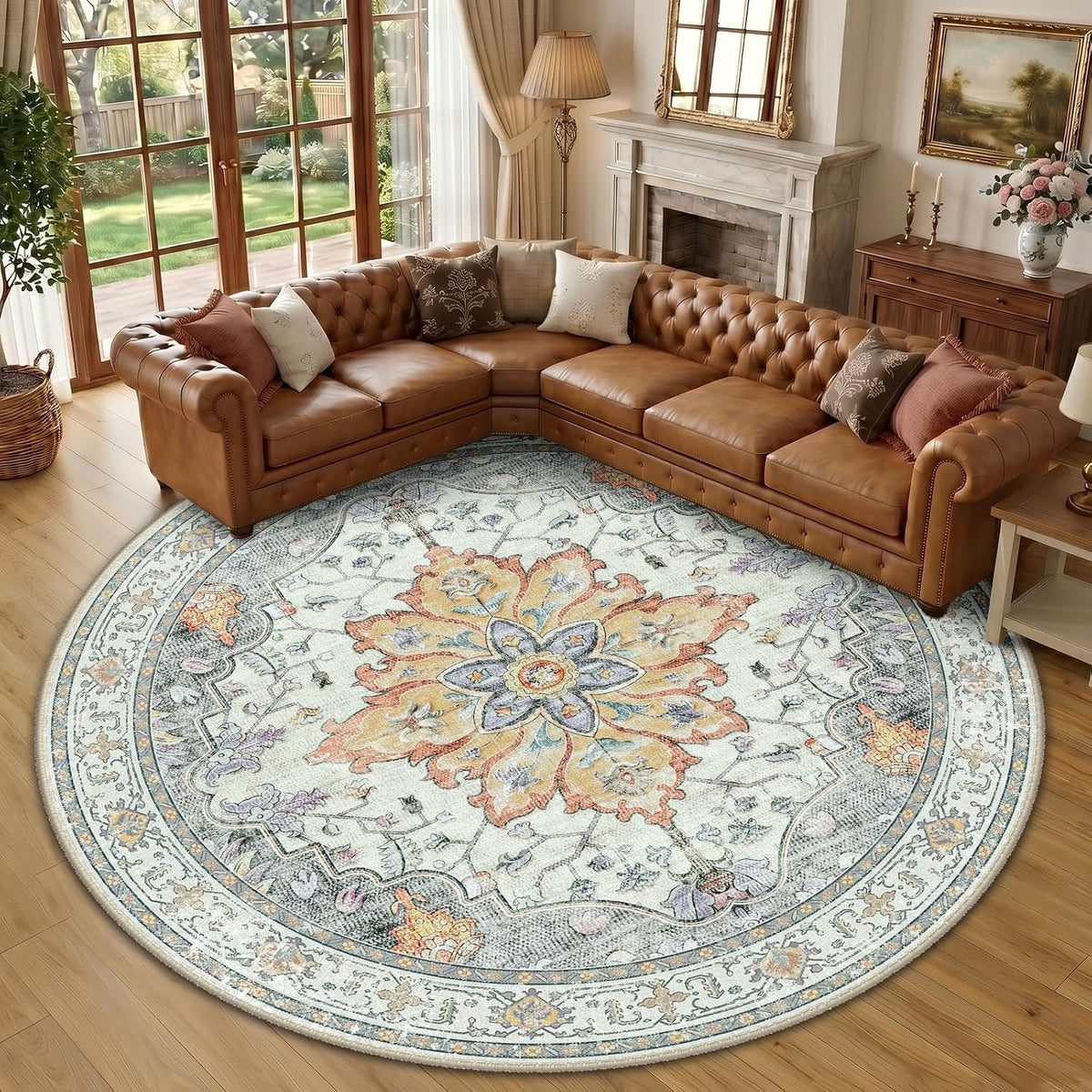 RELEANY Washable Area Rug, Round 10ft, Beige/Blue/Orange