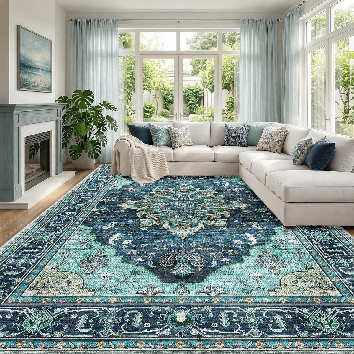 RELEANY Washable Area Rug, Round 10ft, Beige/Blue/Orange