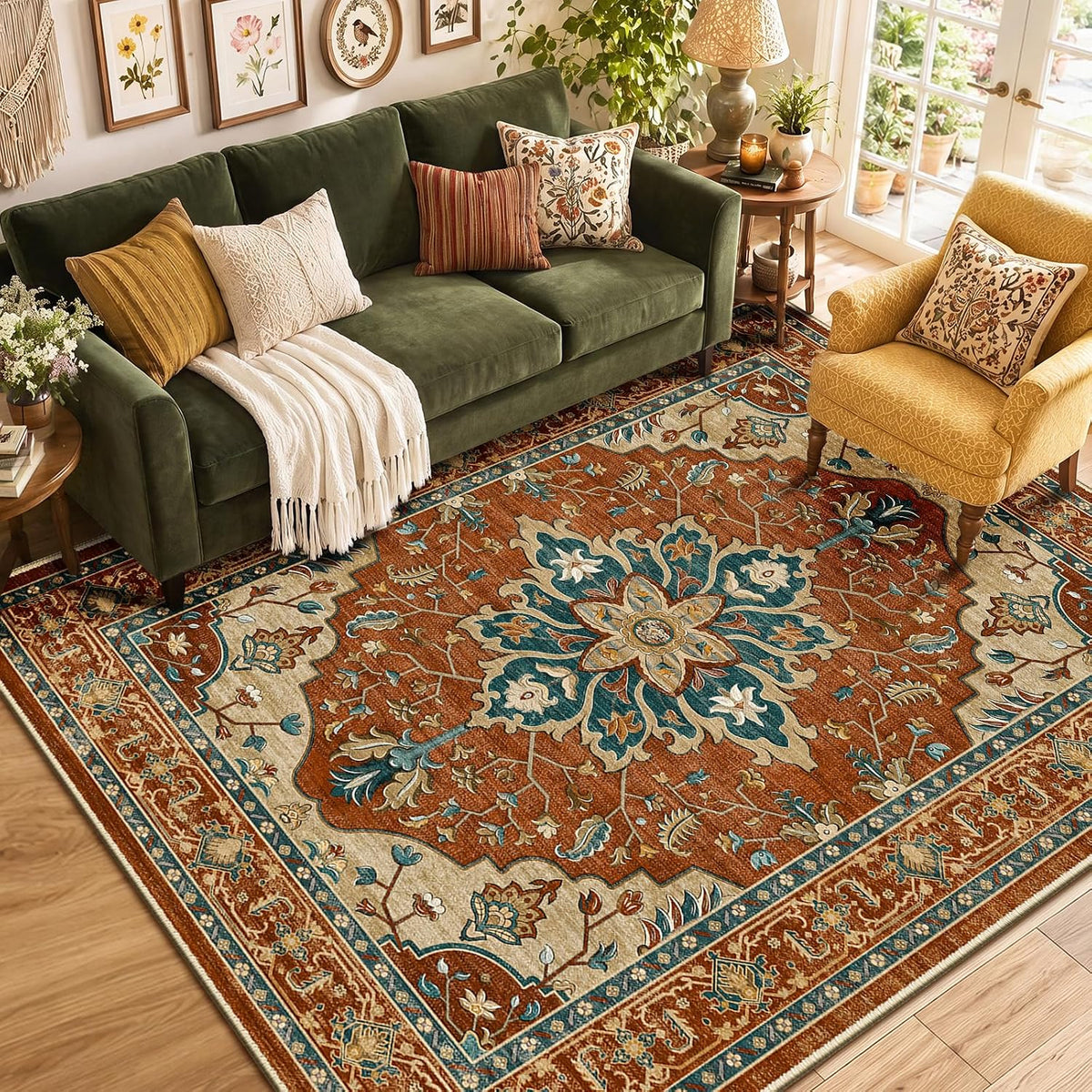 RELEANY Washable Area Rug, Round 10ft, Beige/Blue/Orange